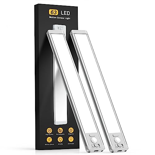 Under Cabinet Lighting, 14.7" Rechargeable Motion Sensor Light Indoor, 2 Pack Magnetic Dimmable Closet Lights, Wireless Under Counter Lights for Kitchen, Stairs,Hallway - color: White Light, size: 14.7inch