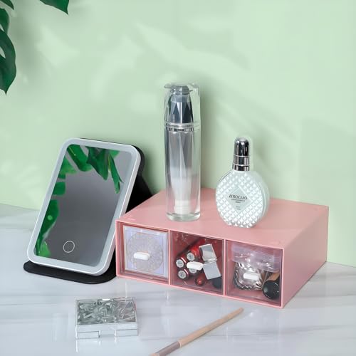 Desk Organizer 3 Drawers, Stackable Makeup Organizer, Small Toolbox | 1 Teir Pink, Plastic Mini Drawers, Pen Storage Box, Tabletop Craft Storage, Office Supply Organizer, Vanity Organizer - color: 1 Tall Layer & 3 Drawers, Pink