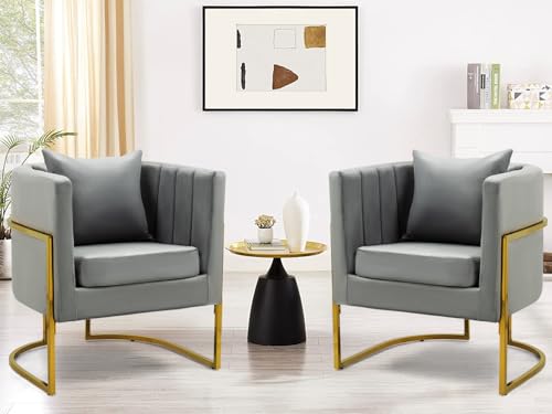 Velvet Accent Barrel Chairs Set of 2, Modern Arm Club Chair Set with Pillow for Living Room/Bedroom/Guest Reception, Channel Tufted, Gold Finish Base, Grey - color: Grey, size: 2 PCS