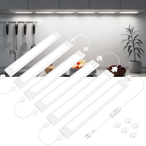 maylit 6 Pcs 14-Inch Linkable Plug-in Under Cabinet LED Light Bars | Ultra-Bright Cool White Wired Lighting for Kitchen Cabinets, Counters, Workbenches, Desks and Shelves - color: White, size: 6 Pack