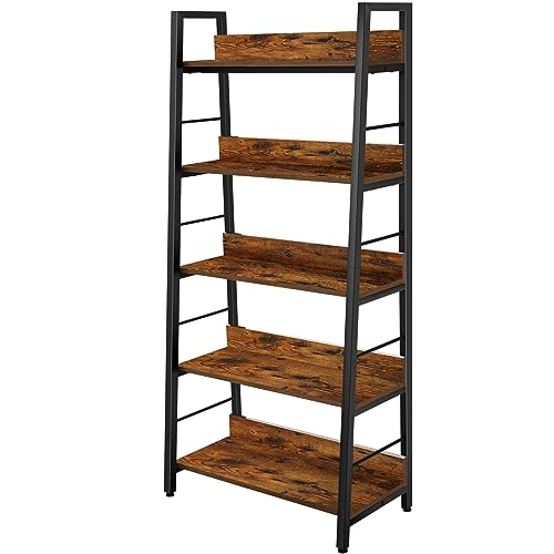 BATHWA 5 Tier Ladder Shelf Bookcase, Industrial Rustic Open Wood Metal Ladder Bookshelf for Living Room Bedroom Home Office, Rustic Brown Wooden Vintage 28'' Wide Storage Shelf - color: Walnut, size: 1pack-59"H x 27.7"W x 13.8"D