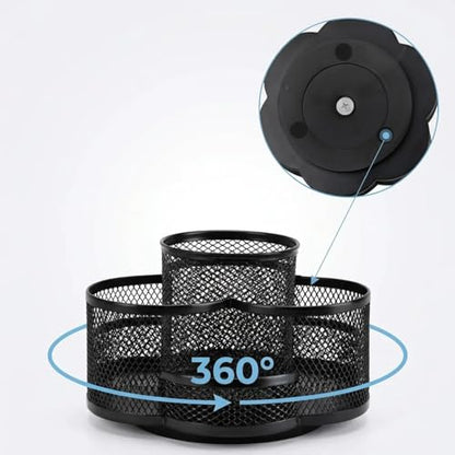 Multifunctional Desk Pen Holder,360°Rotating Metal Mesh Pen Holder,Office Learning Stationery Organiser (Black)
