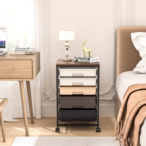 SYKIARIOL Rolling Cart with Drawers, 5 Drawers Utility Cart, Dark Brown - color: Dark Brown