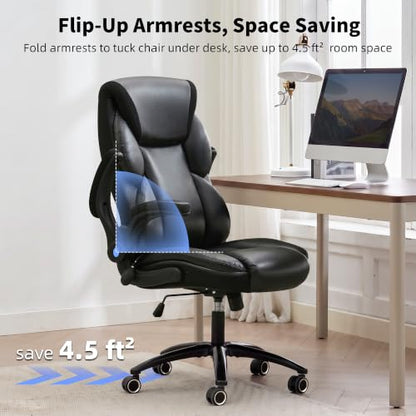 Executive Office Chair - Adjustable Inflatable Lumbar Support, Flip Up Arms, Heavy Duty Metal Base, Breathable PU Leather Ergonomic High Back Computer Chair Desk Chair, Thick Padded | Black - color: Black