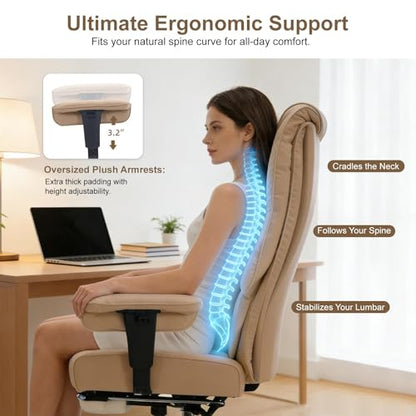 EXCEBET Big and Tall Office Chair 400lbs Wide Seat, Leather High Back Executive Office Chair with Foot Rest, Ergonomic Chairs Lumbar Support for Lower Back Pain Relief, All-Day Comfort (Brown) - color: Light Brown