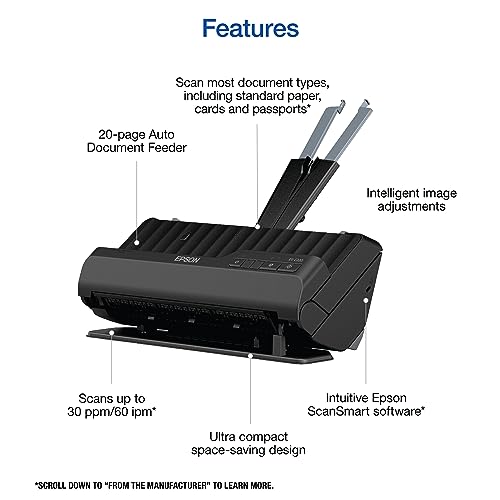 Epson Workforce ES-C220 Compact Document Scanner Duplex 20-pg ADF | 20-Page Auto Document Feeder 30 ppm/60 ipm Speed Portable Scanner for PC and Mac - style: ES-C220