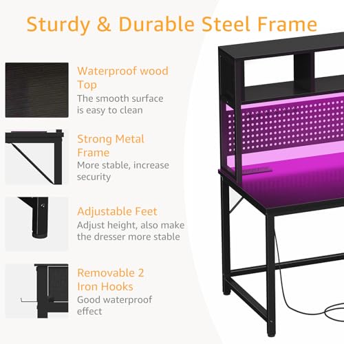 DLisiting Black Gaming Desk with Hutch and Pegboard - 47 Inch Gaming Desk with Shelves Storage Power Outlets, Computer Teen Work Study Writing Desks for Bedroom Home Office - color: Black