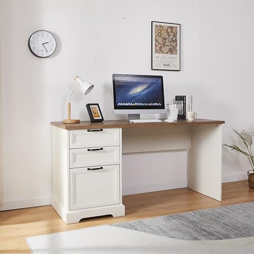 60" Professional Office Desk with Charging Station,Business Desk with 2 Drawers &1 File Cabinet,Farmhouse Executive Desk for Office and Home (Off-White) - color: Off-white
