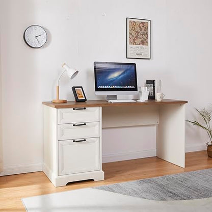 60" Professional Office Desk with Charging Station,Business Desk with 2 Drawers &1 File Cabinet,Farmhouse Executive Desk for Office and Home (Off-White) - color: Off-white