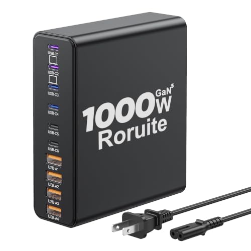 1000W USB C Charging Station, 120W PD GaN5 Super Fast USB C Charger Block | Roruite Type C for PC Laptop MacBook Pro/Air 10 Port Charger Compatible with iPhone 17 16 15 14 13 12 Pro Max, iPad, Galaxy - color: Black