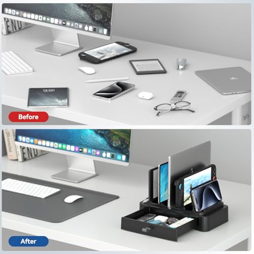 KDD Vertical Laptop Stand with Drawer - 7-in-1 Space-Saving Laptop Holder with Gravity Locking Fits MacBook, Dell, HP, Chromebook, Surface Pro, Tablet, Cell Phone, Switch, Keyboard Desktop Organizer