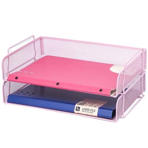 2 Pack Stackable Desk Paper Tray, Metal Mesh Desktop Document Letter File Organizer for Office Home School, 13.5'' L x 9.75'' W x 5.5'' H, Pink - color: 2 Pack Pink