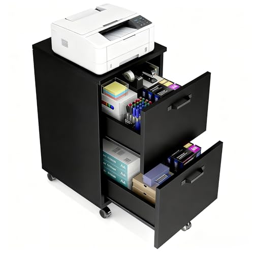 2 Drawer Filing Cabinet, Wood Rolling Filing Cabinets with Printer Stand, Under Desk Storage Lockable Wheels, Home Office Organizer for A4 Letter Legal Size Documents,Black - color: Black, size: 2 Drawers