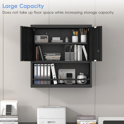 Metal Garage Storage Cabinets, Lockable Black Cabinet, Tool Cabinets Storage Wall Mounted, Hanging Cabinet with Guard Bar for Home Office, Basement - color: 30.7"h - Black