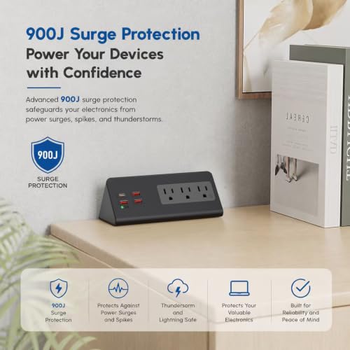 Nightstand Charging Station, Nightstand Edge Power Strip with 3 AC Outlets, 4 Fast Charging USB Ports, Connect 6.56FT Flat Plug, Desk Surge Protector for Office Home Hotel, 2-Pack(Black) - color: 2Pack-Black