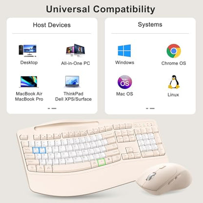 Wireless Keyboard and Mouse Combo, Ergonomic Wave Keys(Milk Tea-B) - color: Milk Tea-B