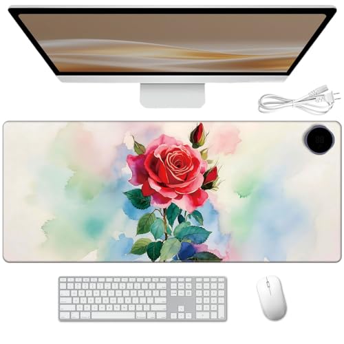 Heated Desk Pad 31.5" x 13" 3 Large Heated Mouse Pad with Heat Levels (40°C/45°C/50°C) & 3H Auto Shut-Off Desk Mat Fast Heating PU Leather Warmer Mousepad for Home Office - Colorful Rose Flowers - color: Colorful Rose Flowers, size: 31.5 x 13 inch