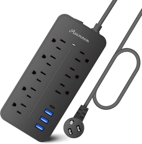 20FT Surge Protector Extension Cord with Flat Plug, 8 Outlets, 3 USB A & 1 USB-C Port, 1700J Wall Mount Desk Power Strip Black, ETL Listed - color: Black, size: 20FT