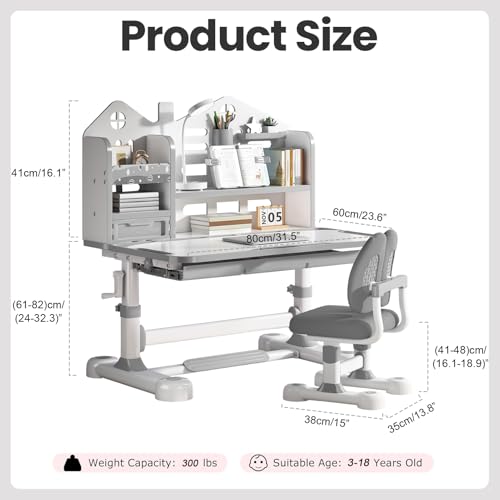 Kids Desk and Chair Set- 3-12 Height Adjustable Ergonomic Art Desk | School Study Desk, 50° Tiltable Desktop, Easy-Turn Crank, Storage Drawer & Built-in Bookstand for Children Boys & Girls - color: 015-grey-31.5in