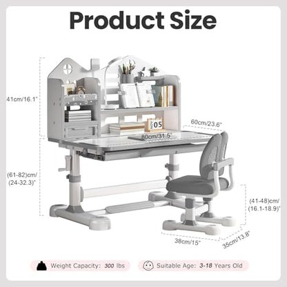 Kids Desk and Chair Set- 3-12 Height Adjustable Ergonomic Art Desk | School Study Desk, 50° Tiltable Desktop, Easy-Turn Crank, Storage Drawer & Built-in Bookstand for Children Boys & Girls - color: 015-grey-31.5in