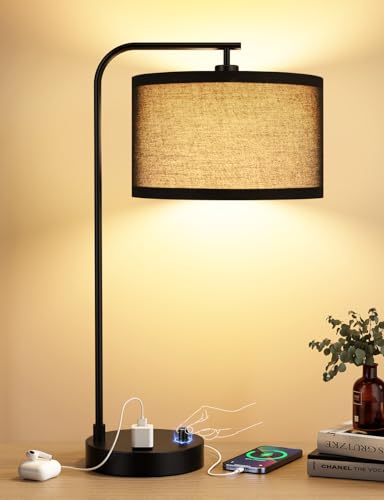 Innqoo Black Tall Table Lamp with USB Port and Outlet, Dimmable Nightstand Bedside Lamps with Linen Lampshade, Desk Lamp for Bedroom, Living Room, Guest Room, Home Office, LED Bulb Included - color: Black