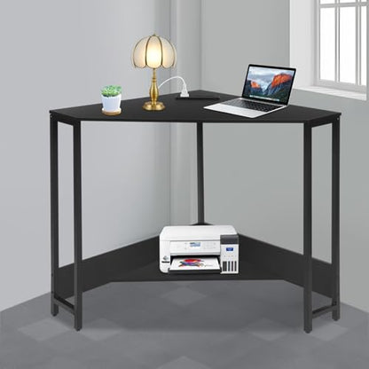 Corner Desk Triangle, Triangle Corner Desk with Outlet, Computer Table with Storage Shelf, Black, Space Saving, for Home Office, Dorm, Small Spaces