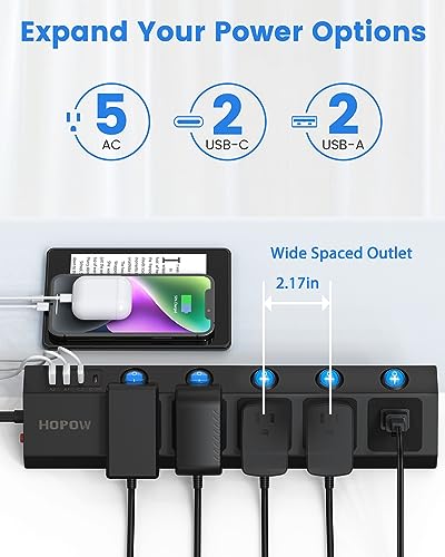 HOPOW 10 Ft Surge Protector Power Strip, Dual Layer Desk Clamp Power Strip & PD 20W USB C Flat Plug Power Strip with Individual Switches, for Home Office, Black