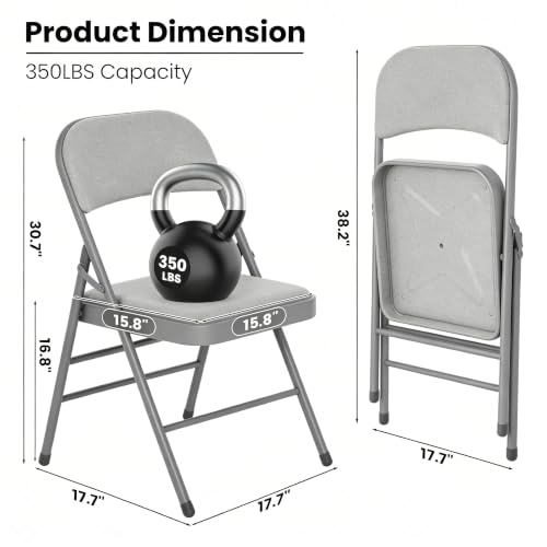 4 Pack Folding Chairs with Padded Cushion and Back, Fabric Dining Chair Set with Steel Frame, Indoor Outdoor Stackable Commercial Seat for Home Office Wedding Parties Banquets Events, Gray - color: Grey