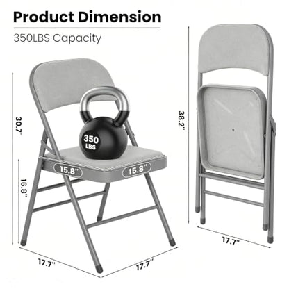 4 Pack Folding Chairs with Padded Cushion and Back, Fabric Dining Chair Set with Steel Frame, Indoor Outdoor Stackable Commercial Seat for Home Office Wedding Parties Banquets Events, Gray - color: Grey