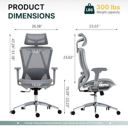 Ergonomic Mesh Office Chair, 3D Adjustable Armrests Desk Chair with 360° Swivel Silent Casters, 90°-120° Reclining Backrest Adjustable Gaming Chair for Home Office - color: Grey, style: Americana