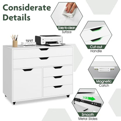 Rolling 5-Drawer File Cabinet, Mobile Printer Stand (White) | Modern Lateral Filing Cabinet | 5 Universal Wheels | For Living Room, Study, Home Office - color: White