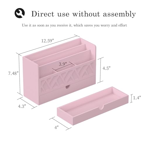 Wisuce Bamboo Mail Organizer with Drawer, Countertop Desk Organizer (Pink) | Made from Natural Bamboo Multi-Compartment Design Built-In Drawer No Assembly Required - color: Pink