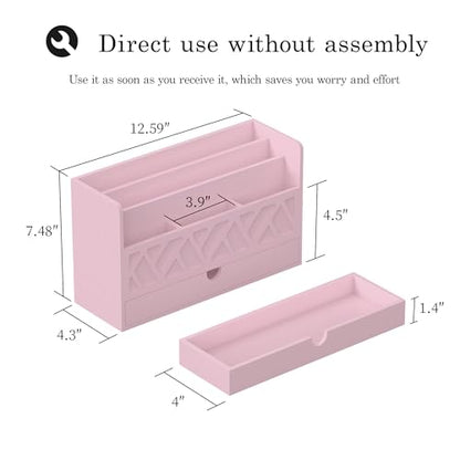 Wisuce Bamboo Mail Organizer with Drawer, Countertop Desk Organizer (Pink) | Made from Natural Bamboo Multi-Compartment Design Built-In Drawer No Assembly Required - color: Pink
