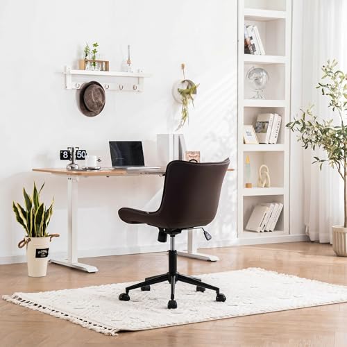 YOUNIKE Office Desk Chair with Wheels Armless Vanity Chair Modern Brown | Faux Leather Upholstered with Rocking Back, Swivel Height Adjustable Small Cute Computer Rolling Task Chair Ergonomic 300lb - color: Brown, size: Base Black