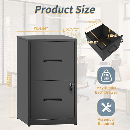 2 Drawer File Cabinet with Lock, Vertical Filing Cabinets for Home Office, Metal Storage Cabinet, Heavy Duty File Cabinet for Under Desk, Amsseble Required, Black - color: Black, size: 2 Drawers-New-Under Desk