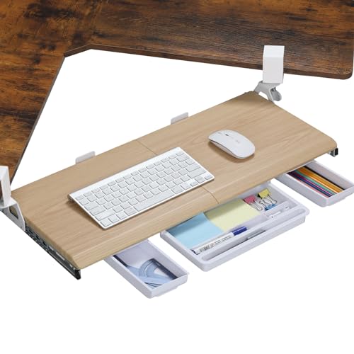 ETHU Keyboard Tray Under Desk, Ergonomic Corner Keyboard Tray with 180° Adjustable C Clamp for L Shape Desk 26.77" X 12.2" Easy to Install, Computer Keyboard Stand for Home and Office(Oak) - color: Oak