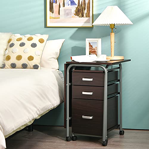 Tangkula Folding Computer Desk with 3 Storage Drawers, Mobile Home Office Desk Study Writing Desk with Smooth Wheels, Space Saving Compact Desk for Dorm Apartment, Rolling Folding Desk Table - color: Brown