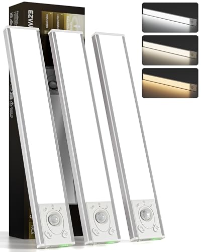 EZVALO 16.5'' Under Cabinet Lighting Wireless, 3Pack Rechargeable Closet Lights, LED Motion Sensor Indoor, Dimmable & 3 Color Temps Battery Operated with Power Display, for Kitchen, Stairs, Bookshelf - size: 16.5inch