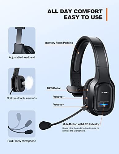TECKNET Trucker Bluetooth Headset, AI Noise Canceling Mic, Wireless On-Ear | AI Noise Canceling Mic reduces background noise for clear calls. Wireless hands-free headset for truckers and office use.