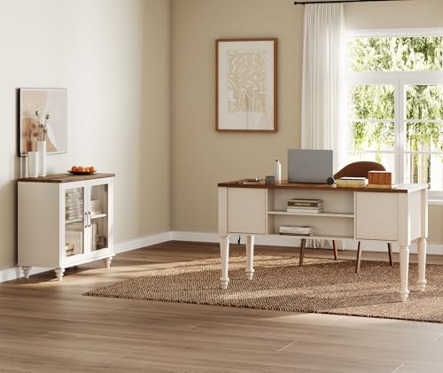 WAMPAT Home Office Furniture Set, 56" Executive Desk with Charging Station, Farmhouse Cabinet with Glass Doors, Wood Computer Desk with File Cabinet Storage, Open Shelf, White - color: White