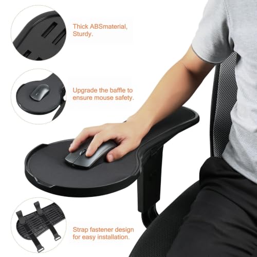 Ergonomic Adjustable Arm Rest Mouse pad for Chair, Strap Fastener | Mouse Extension Platform Tray with Mouse Baffle to Prevent Falling, Attaches to Chair, Black (Black（YYLL8326）)