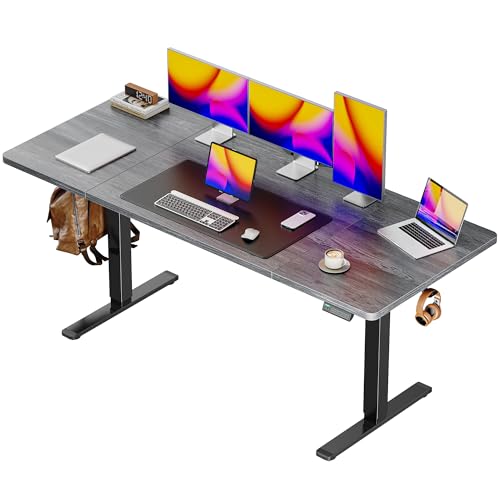 Huuger 63 x 28 Large Electric Standing Desk, Height Adjustable Computer Desk, 27.6" Deep Desktop, Stand up Gaming Office Table with 2 Hooks, 3 Preset Heights, for Home Office, Grey - color: Grey, size: 63*28 inch (no outlets)