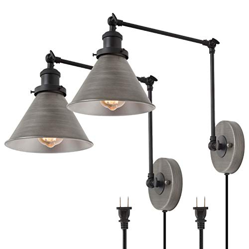 LNC Swing Arm Wall Lamp Modern Plug in Wall Sconce Hardwired Adjustable Farmhouse Wall Light Fixture, Brushed Antique Silver (2 Pack)