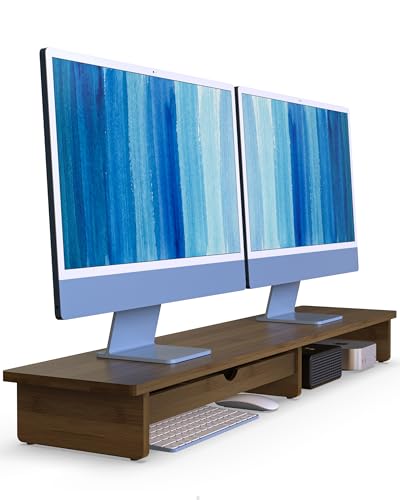 42” Monitor Stand with Large Drawer Keyboard Storage,Dark Bamboo | dual Computer monitor riser shelf for 55-72 inch desk aesthetic workplace computer setup desktop organizer easy assembly - color: Toasted Bamboo, size: 42" with Drawer