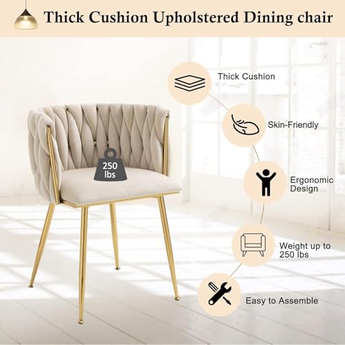 NIOIIKIT Modern Velvet Dining Chairs Hand Weaving Accent Chairs Living Room Chairs Upholstered Side Chair with Golden Metal Legs for Dining Room Kitchen Vanity Living Room (Ivory) - color: Ivory