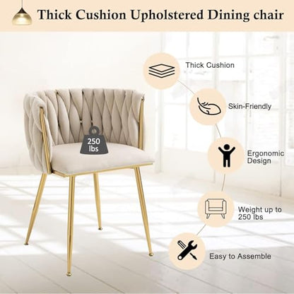 NIOIIKIT Modern Velvet Dining Chairs Hand Weaving Accent Chairs Living Room Chairs Upholstered Side Chair with Golden Metal Legs for Dining Room Kitchen Vanity Living Room (Ivory) - color: Ivory