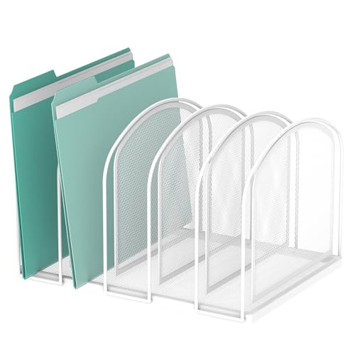 File Organizer 5-Section Mesh Desk Organizer, Upright File Organizer Desktop Organizer File Sorter, File Folder Holder for Office Supplies, White | 5 Vertical Compartments with Sturdy Metal Base for Office Documents Books Magazines and Laptop - color: Whi