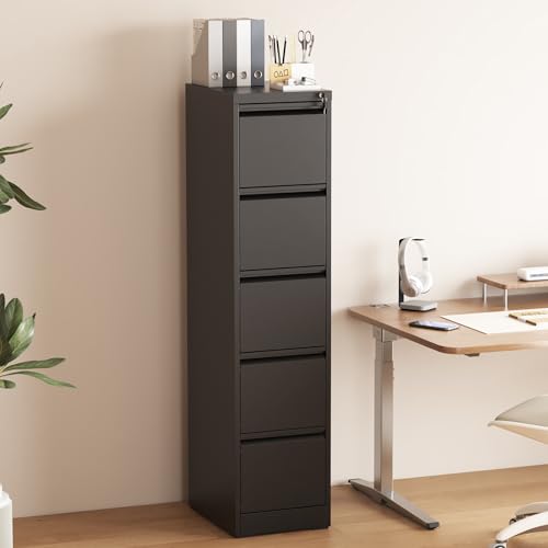 5 Drawer File Cabinet with Lock, Vertical Filing Cabinets for Home Office, Metal Storage Cabinets, Heavy Duty File Cabinet for Letter/Legal/A4/F4 Size Assembly Required, Black - color: Black, size: 5 Drawers-Letter/Legal/A4/F4