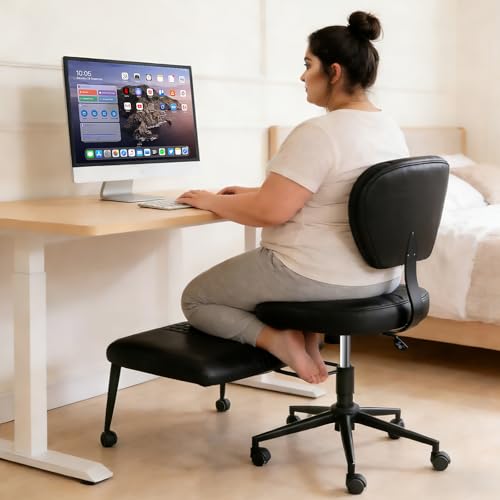 Ergonomic Cross Legged Office Chair with Footrest, 360° Swivel Height Adjustable PU Criss Cross Chair, Wide Seat & Back Support for Home Office, ADHD, Black - color: Black