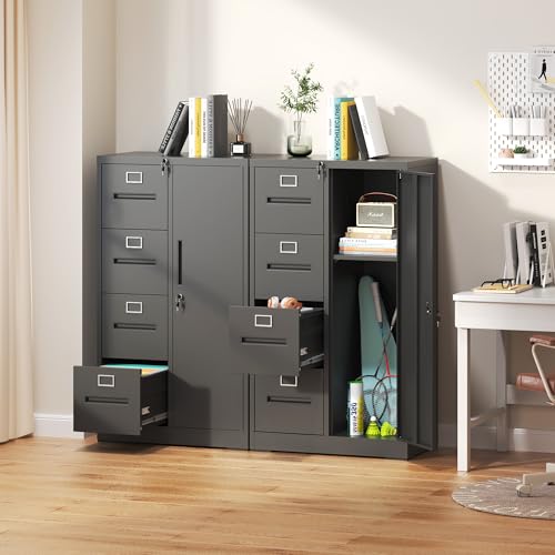 4 Drawer File Cabinet with Lock & 1 Door, Metal Storage Unit with Shelves and Hanging Rod, Vertical Filing Cabinet for Home Office, Fits Letter/Legal/A4/F4, Easy Assembly (Black) - color: Black